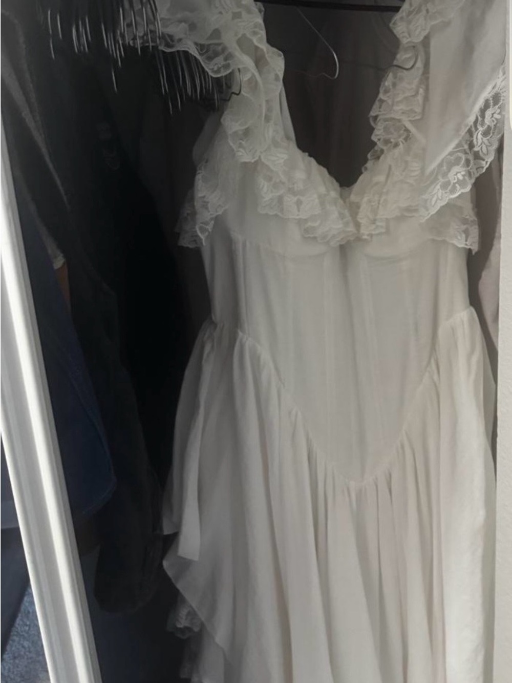 Selkie White Ruffled Lace-Trim V-Neck Wedding Dress